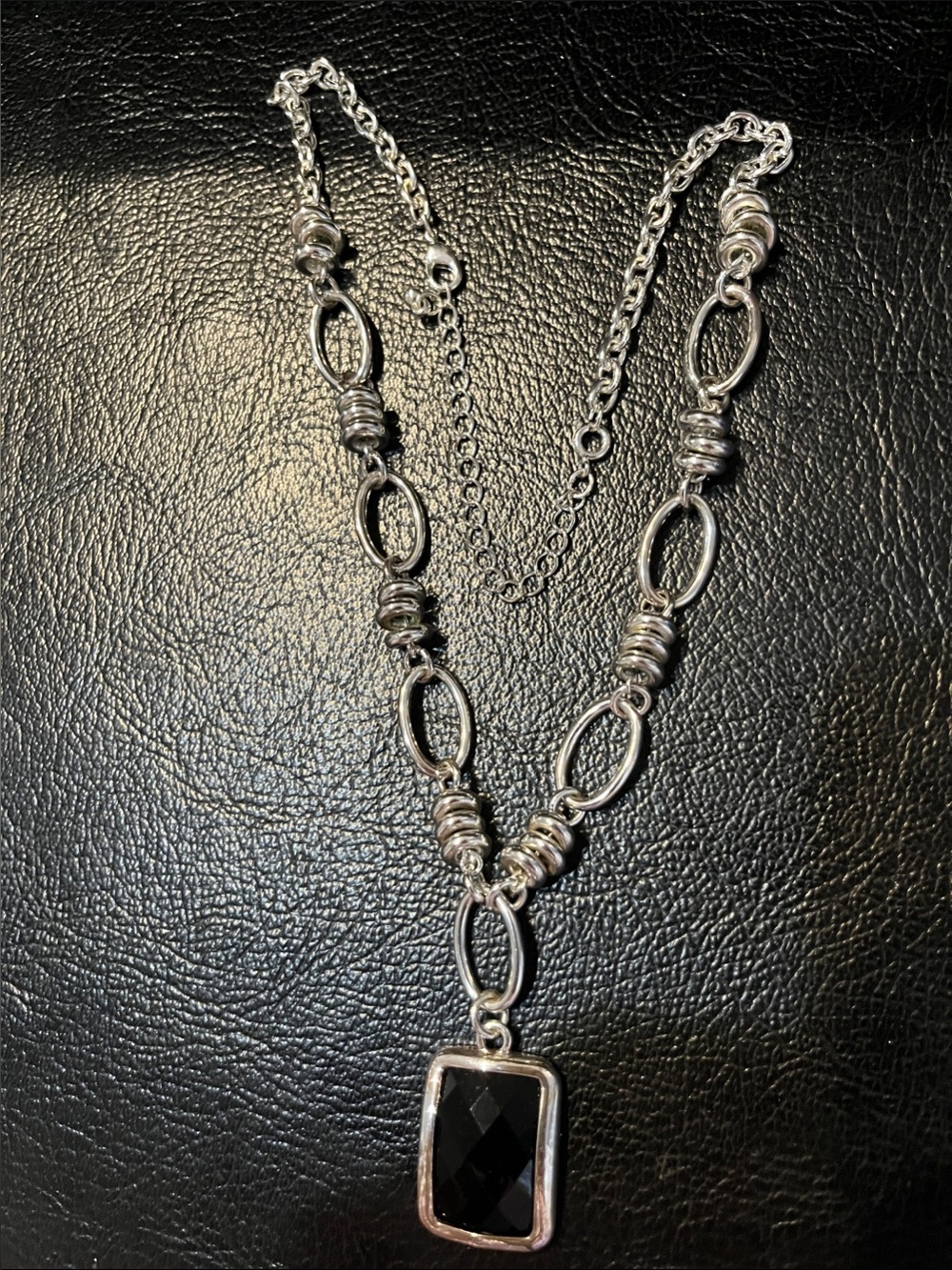 Avon Silver-Tone Necklace with Black Faceted Pendant